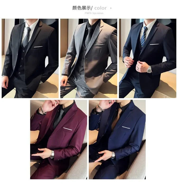 Suit (suit +Vest+Pants) Formal Business Men Four Seasons Professional Fashion Gentleman Solid Color Outdoor British Style Suit