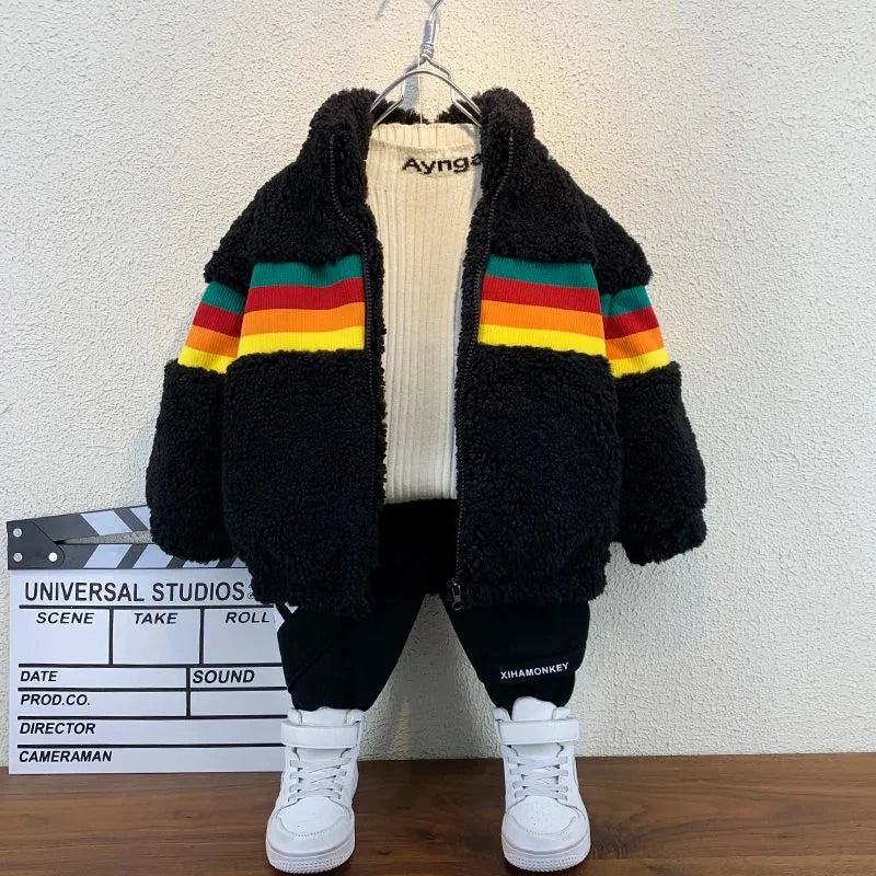 Children's Jacket Autumn and Winter Warm Coat 2023 New Boys and Girls' Plush Thickened Cardigan Jacket Good Vibrations