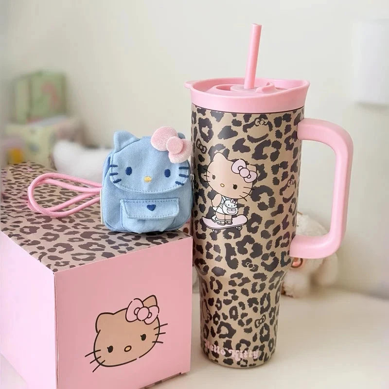 TBH Leopard Print Kitty Series Straw Thermos Cup Travel Sports Water Bottle Stainless Steel Cold Insulation Cup Girls Gift Good Vibrations