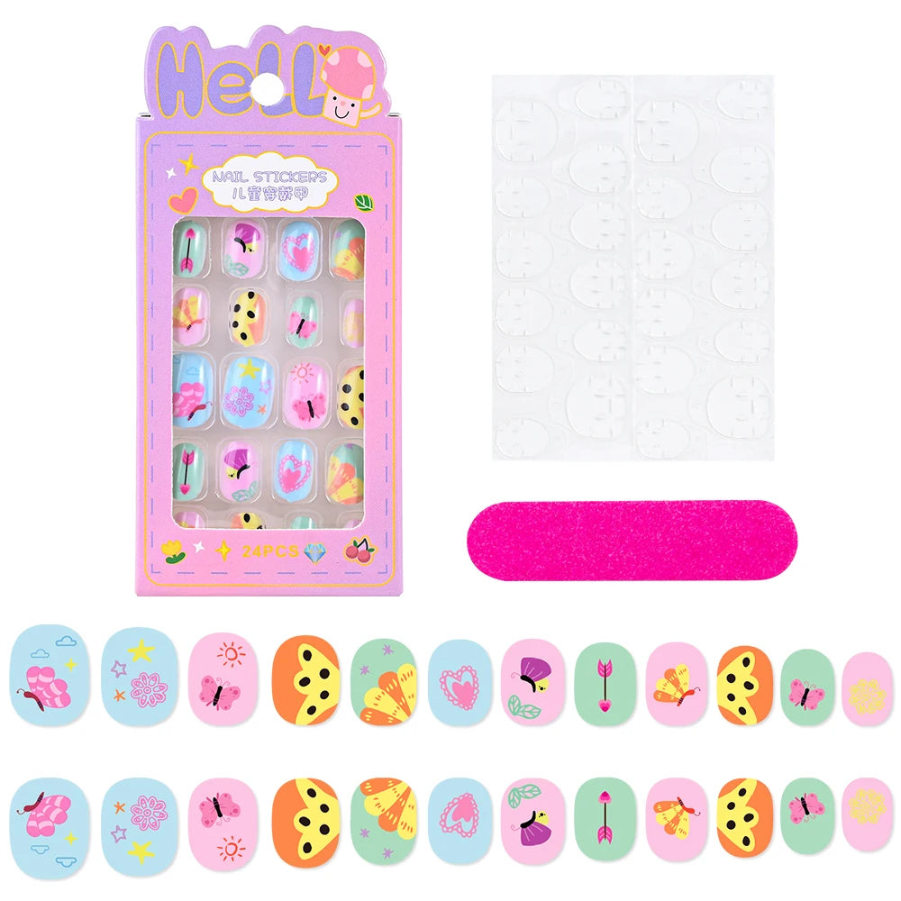 24Pcs/box Kids nails for Girl Cartoon Pattern False Nail Cute Child Fake Nails Tips Kawaii Acrylic Artificial Press on Nail+Tool Good Vibrations