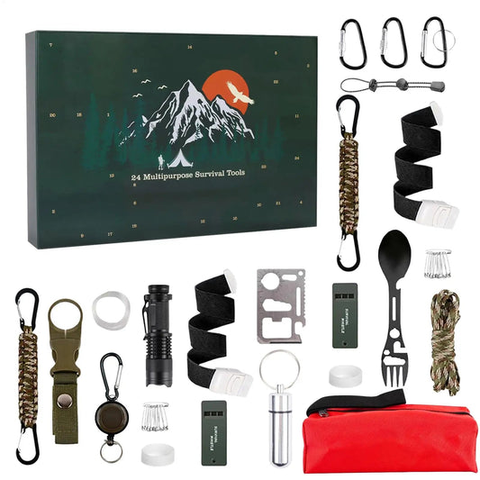 Survival Kit Countdown Calendar 24 Days Survival Kit Calendar for Men Complete Weather-Resistant Metal Tool Gadget for Holiday Good Vibrations