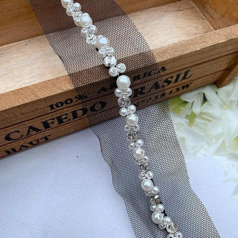90cm Pearl Beaded Lace Trim Ribbon Garment Decoration Applique Trimming Rhinestone Tape DIY Sewing Fabric Material Accessories Good Vibrations