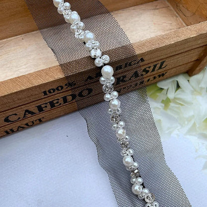 90cm Pearl Beaded Lace Trim Ribbon Garment Decoration Applique Trimming Rhinestone Tape DIY Sewing Fabric Material Accessories Good Vibrations