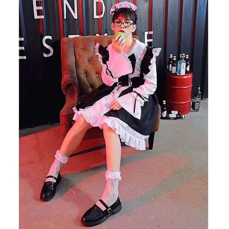 Women Men Maid Outfit Lolita Cosplay Cute Sexy Erotic Kawaii Cafe Costume Black White Men Uniform Apron Dress Cute Bowknot Good Vibrations