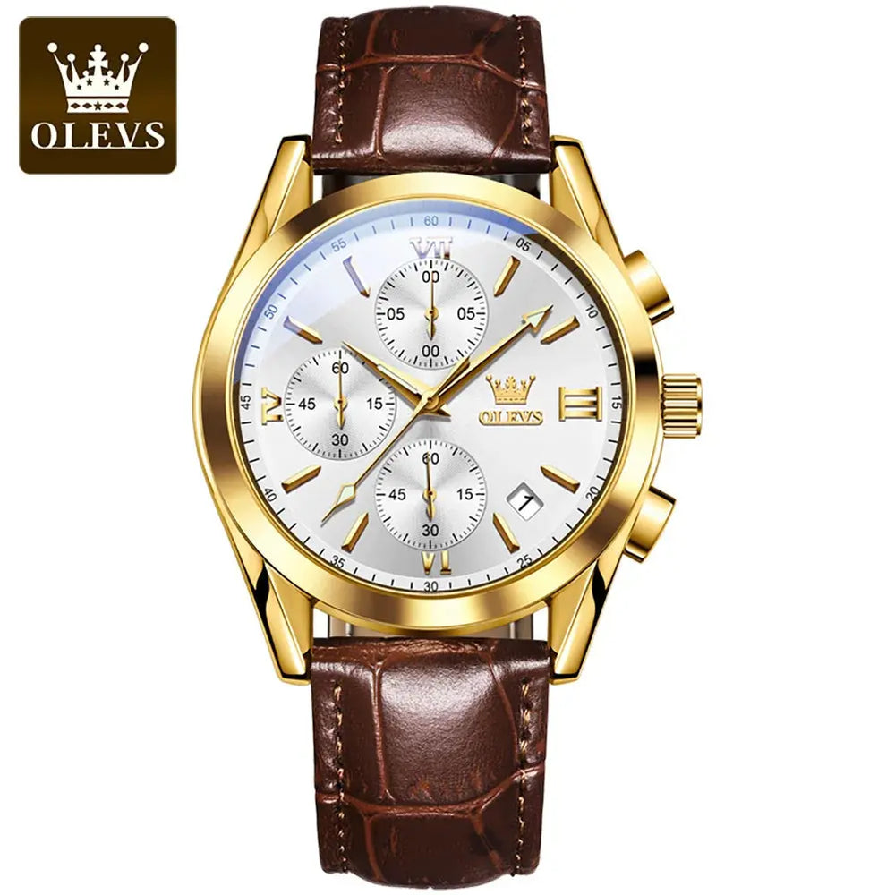 OLEVS 2872 Chronograph Men's Wristwatches Leather Strap Waterproof Luminous Original Quartz Watch for Men Luxury Sport Man Watch Good Vibrations