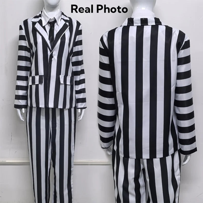 Men's Adult Halloween Costume Black and White Striped Suit Shirt and Tie Scary Costumes Spooky Beetla Halloween Cosplay Outfits Good Vibrations