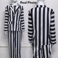 Men's Adult Halloween Costume Black and White Striped Suit Shirt and Tie Scary Costumes Spooky Beetla Halloween Cosplay Outfits Good Vibrations