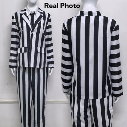 Men's Adult Halloween Costume Black and White Striped Suit Shirt and Tie Scary Costumes Spooky Beetla Halloween Cosplay Outfits Good Vibrations