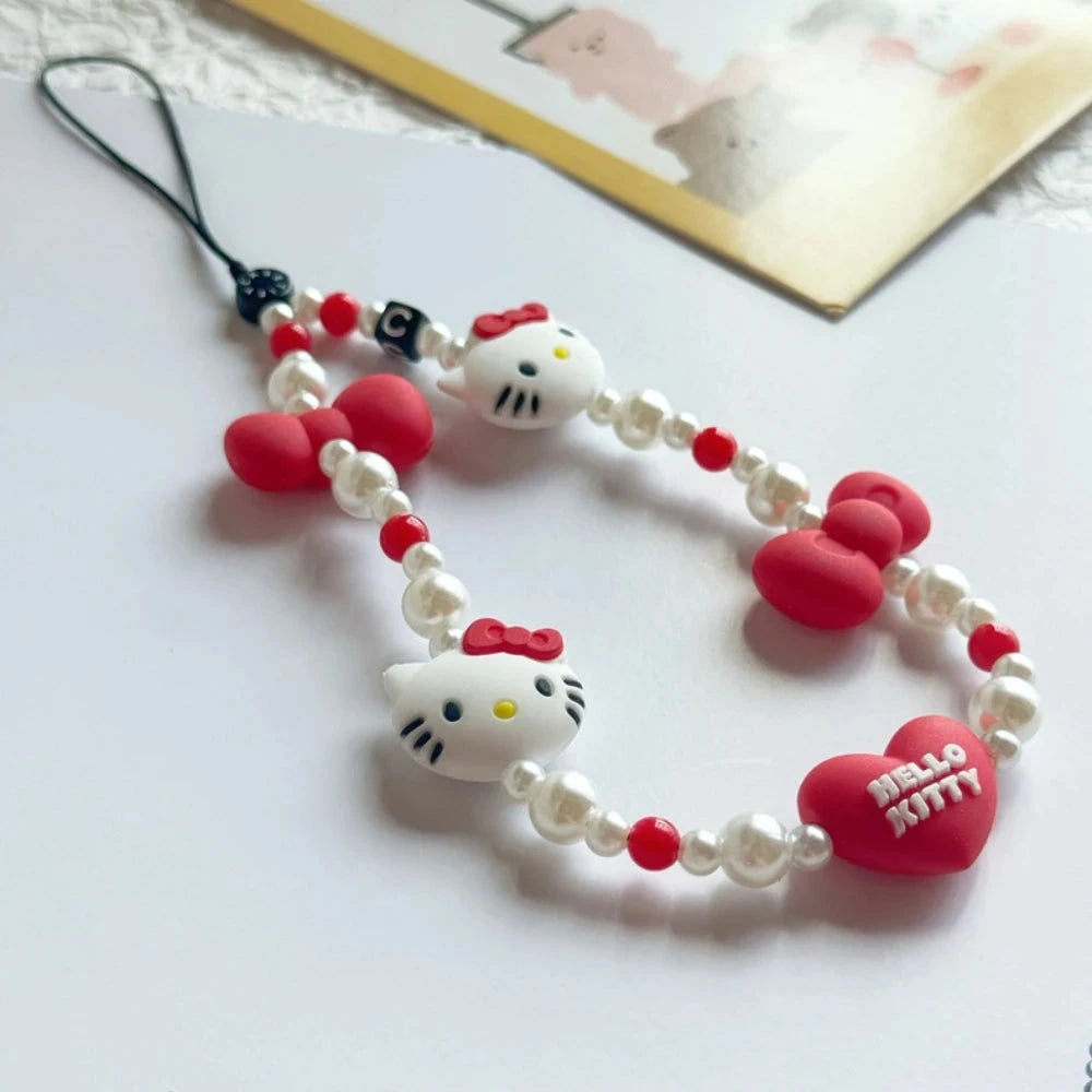 Anime Sanrio Hello Kitty Love Heart Pendant Cartoon Kt Cat Girl Cell Phone Kawaii Beaded Lanyard Jewelry Schoolbag Decoration Good Vibrations