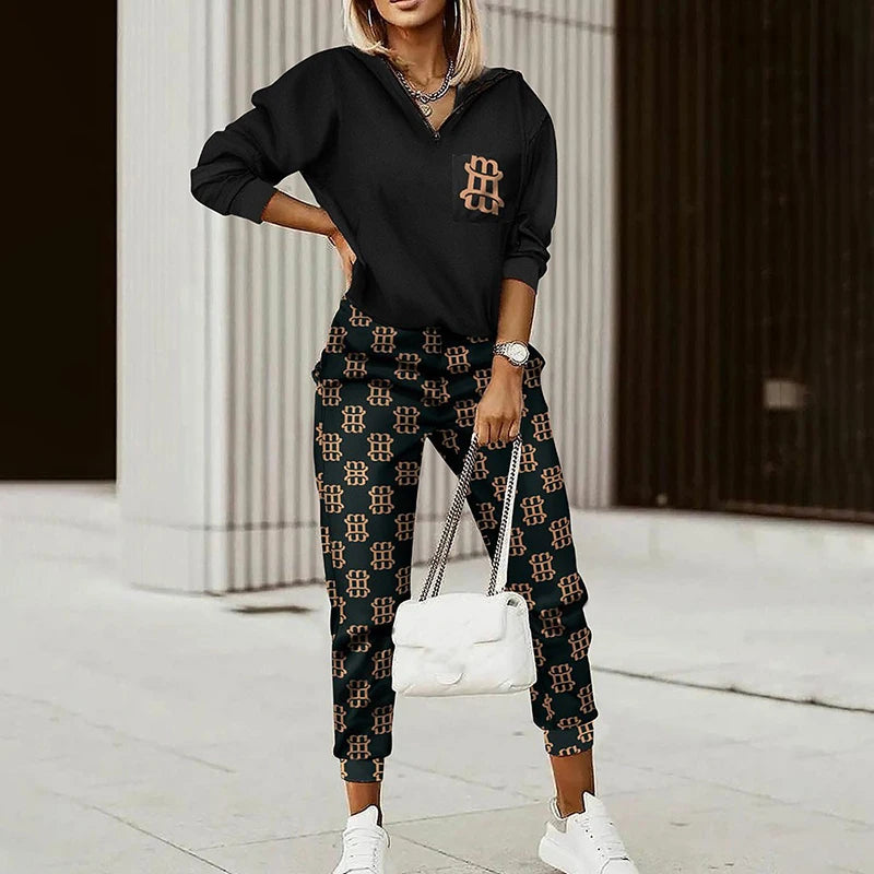 New 2022 Women Fashion Plaid Print Splicing Zipper Front Hooded Top & Pants Set Elegant Two Pieces Suit Flare Pants Outwear Good Vibrations