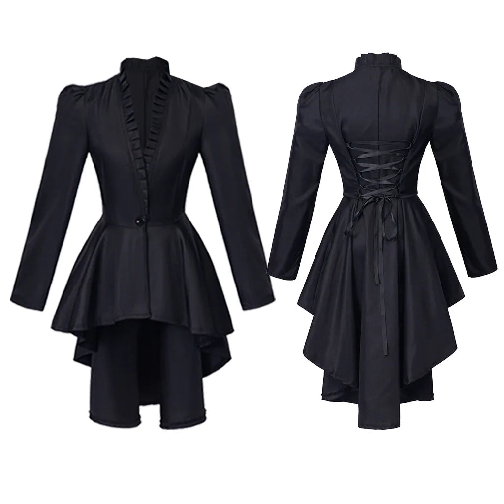 Women Medieval Victorian Costume Tuxedo Tailcoat Gothic Steampunk Trench Irregular Hem Vintage Frock Outfit Coat Party Dress Good Vibrations