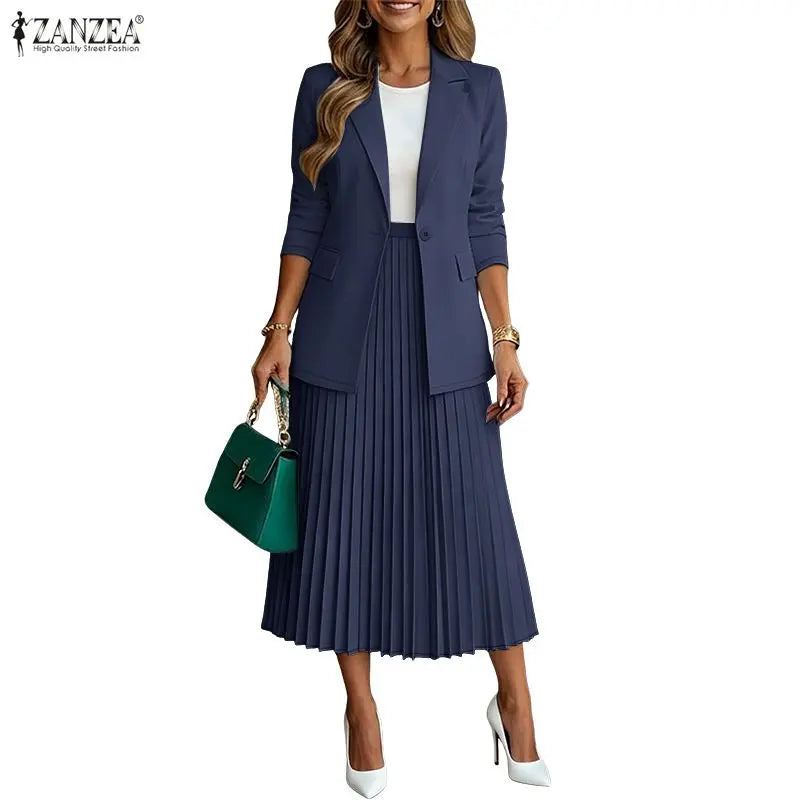 Women's Elegant Office Wear Skirt Suits Long Sleeve Blazer & A-Line Pleated Skirt 2 Pieces Sets ZANZEA Fashion Skirt Sets Outfit Good Vibrations
