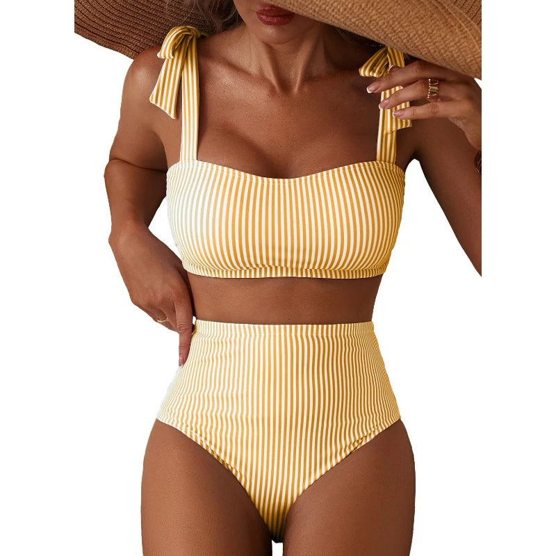 Women's 2026 Two Piece Bikini Set Striped High Waist Tie Shoulder Swimsuit Summer Beachwear Good Vibrations