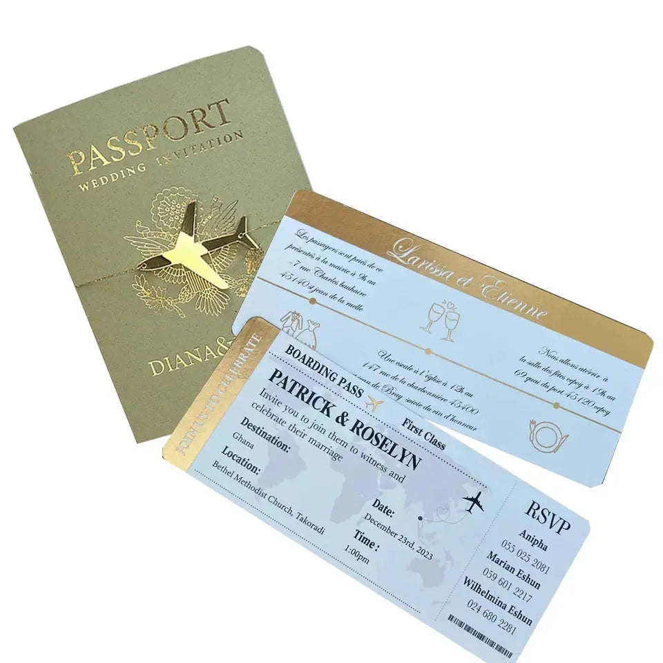 30/55pcs Sage Green Invitation, Custom Paper Passport Tickets Invite Cards With Acrylic Plane, Travel Wedding Theme Template Good Vibrations