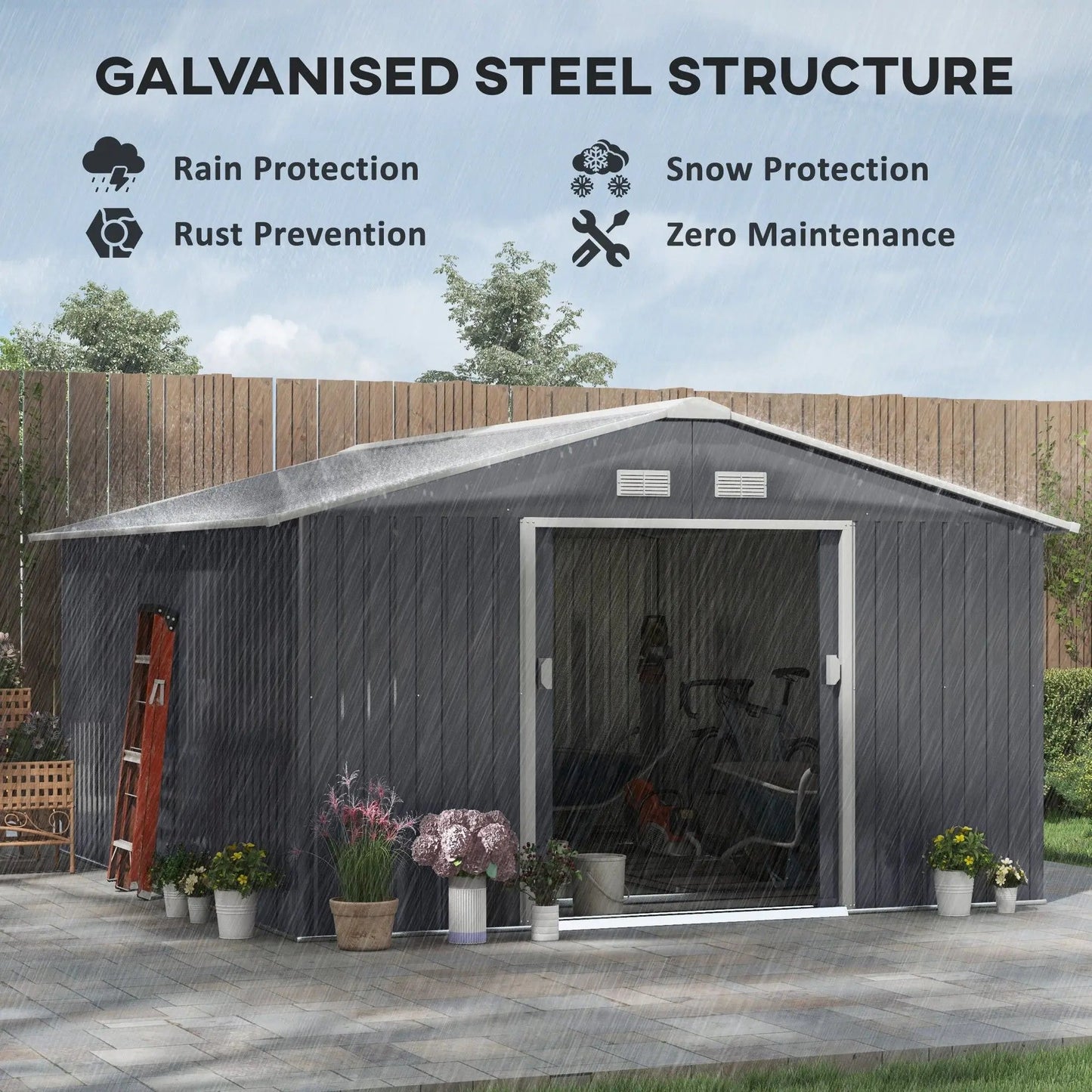 12.6' x 11' Metal Storage Shed, Garden Tool House with Double Sliding Doors, 4 Air Vents for Backyard, Patio & Lawn, Dark Gray Good Vibrations