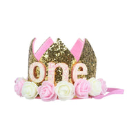 Baby Birthday Decoration Girl 1 2 3 Years Crown Hat Pink White Flower Sequins Crown 1st birthday Photo Prop Happy Birthday Gifts Good Vibrations