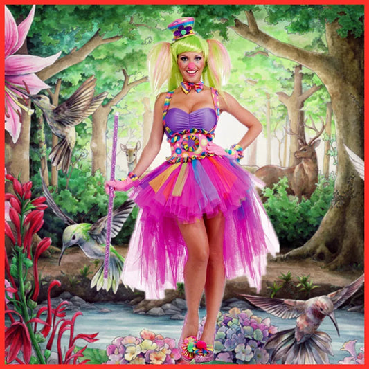 Halloween Costume Classic Candy Color Dresses Circus Clown Cosplay Costumes Carnival Party Performance Clothing Set Funny Dress Good Vibrations