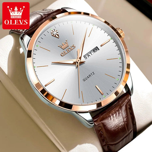 OLEVS 2935 Fashion Business Brand Men Watches Leather Strap Trend Week Calendar Quartz Watch Luminous Waterproof 43mm Dial Good Vibrations