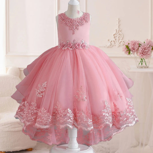 Little Girls Lace Embroidered Flower Girl Dress Birthday Party Pageant Hi-Lo Gown AT122 Good Vibrations