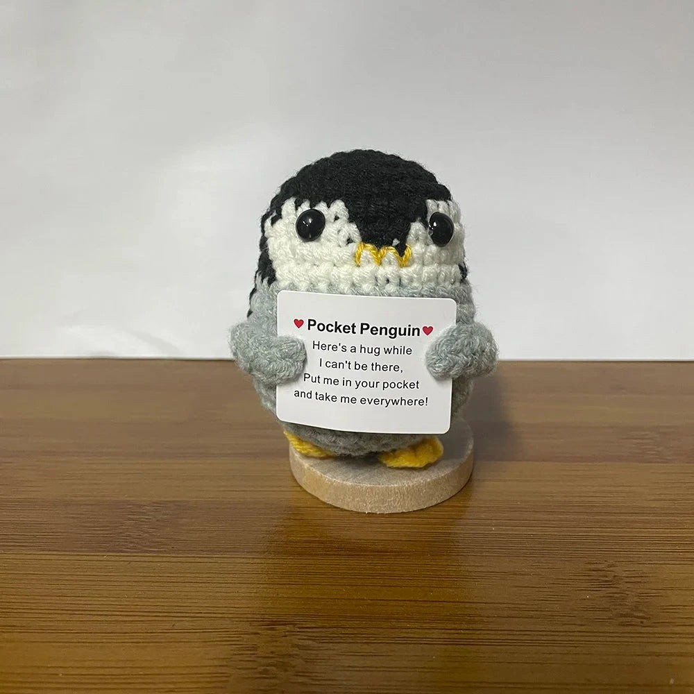 Crochet Energy Penguin Hug Pocket Mini Hand-woven Plush Wool Knitting Doll with Card Funny Christams Gift Home Room Decoration Good Vibrations