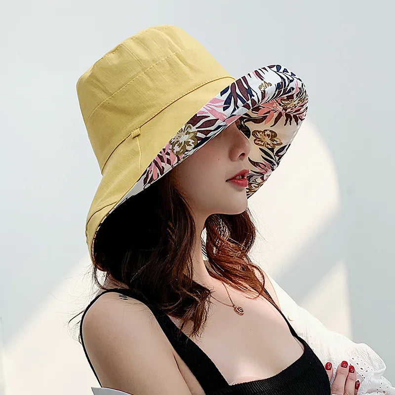 Women Bucket Hat, Elegant Flower Print Wide Brim Sun Visor Hat Lightweight Summer Panama Cap Good Vibrations