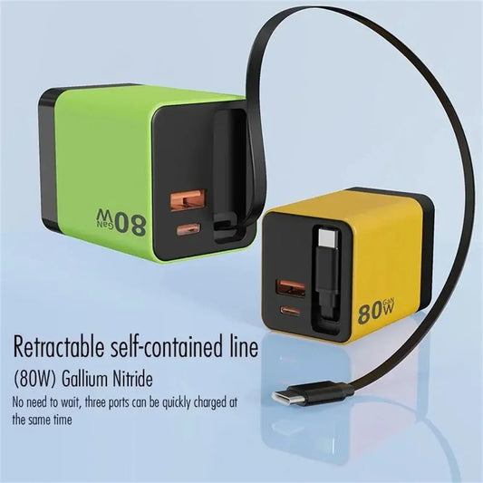 3 In 1 80W GaN Fast Charger Built-in Retractable Type-C Cable USB Type-C Charging Head For Universal USB Charging Power Adapter Good Vibrations