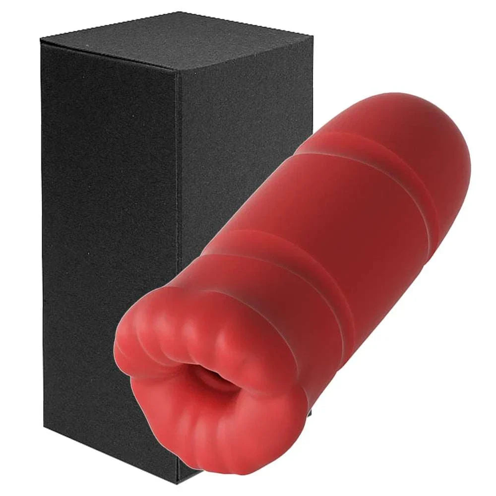 Men's automatic tongue licking masturbator toy in red with black box packaging.