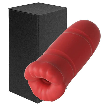 Men's automatic tongue licking masturbator toy in red with black box packaging.