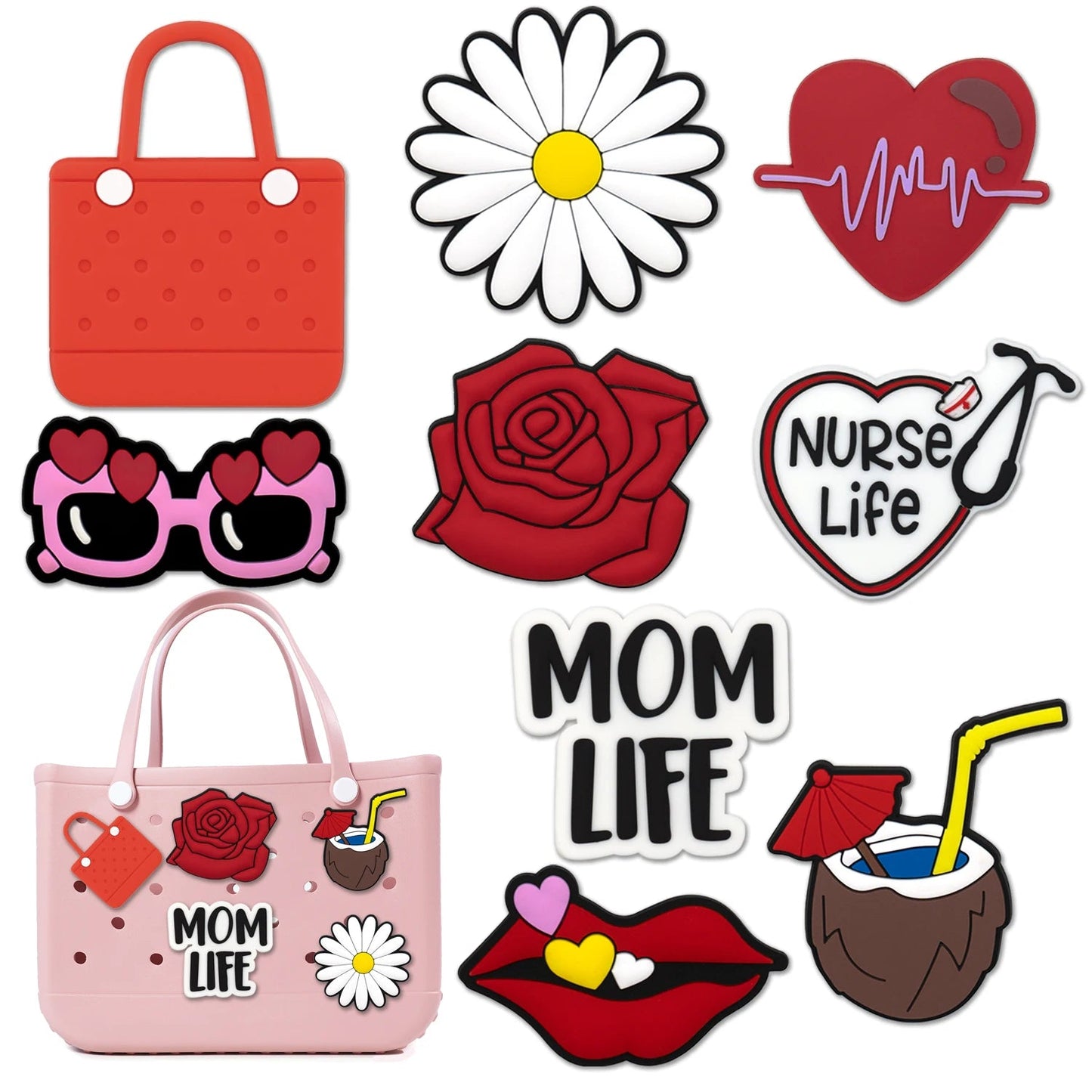 1/9pcs Rose Charms For Beach Bag Accessories Heart Glasses Lips Handbag Decoration Beach Coconut for Tote Bag Accessories Good Vibrations