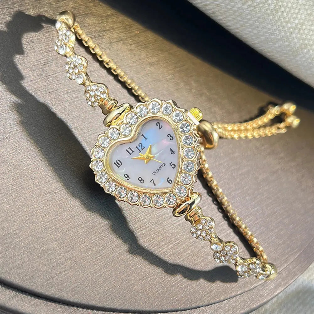 New Fashion Heart-shaped Ribbon-Strap Diamond-Studded Flower Watch for Women with Adjustable Bracelet Good Vibrations