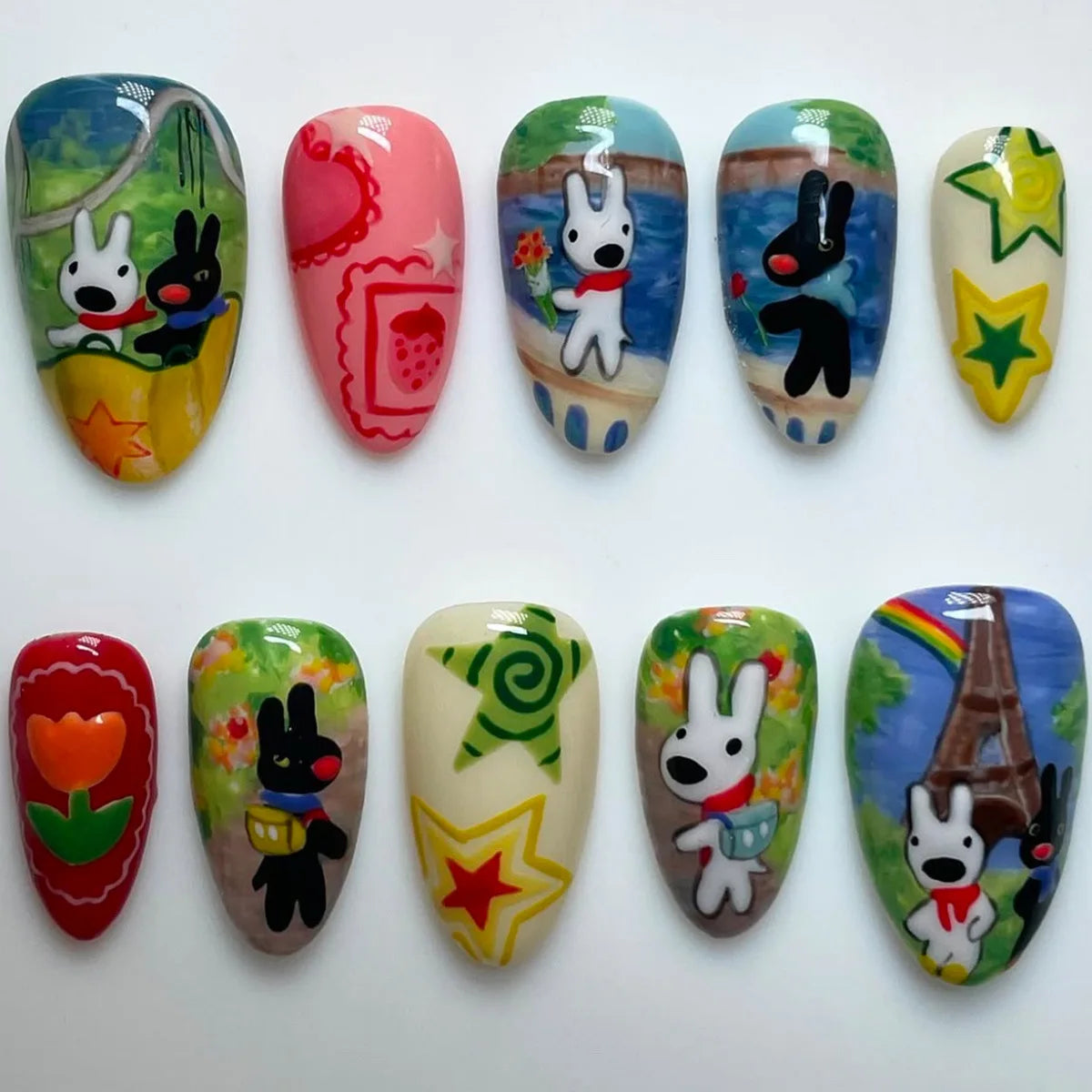 10pcs Dark Black Style Handmade Fake Nails Y2k Star Horor Foreat Designs Press On Nails Halloween Wearable Almond False Nail Good Vibrations