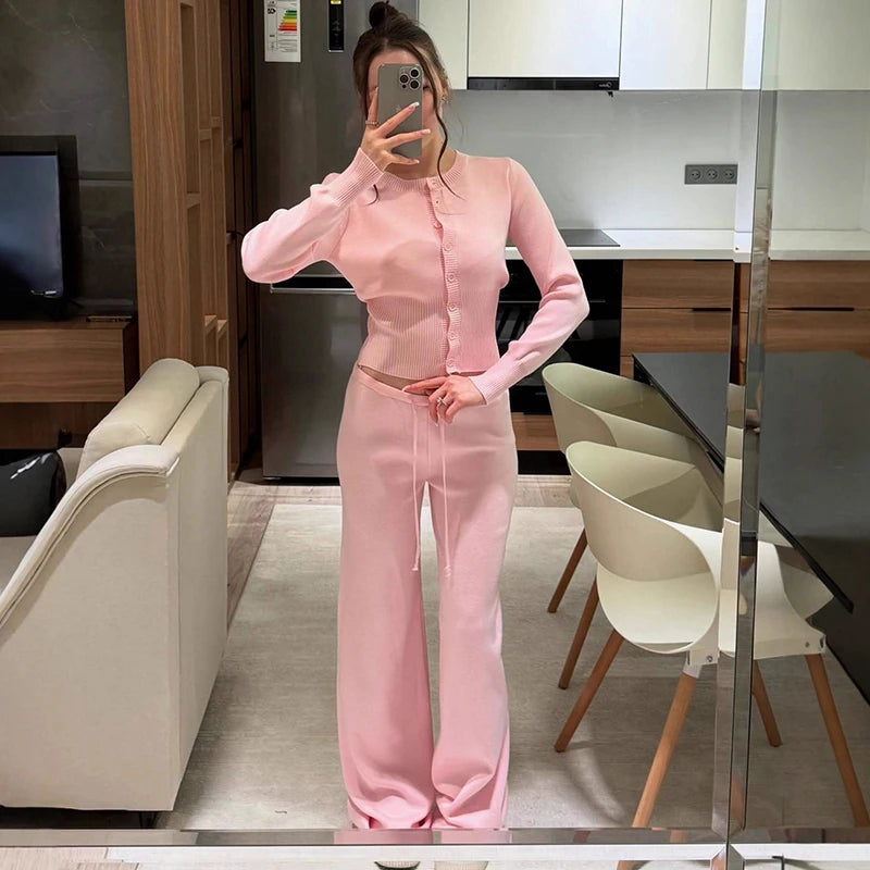 Tornova 2025 Fall Winter Knitted Suit Solid Cardigan Top Women's O neck Knitted Sweater Straight Trousers Two Piece Set Casual Good Vibrations