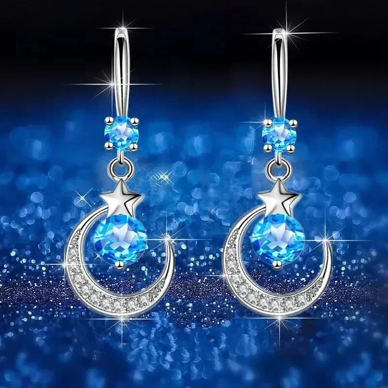 Female Fashion Star Moon Earrings 925 Sterling Silver White Sapphire Pink Blue White Artificial Dangle Earrings Good Vibrations Adult Super Store