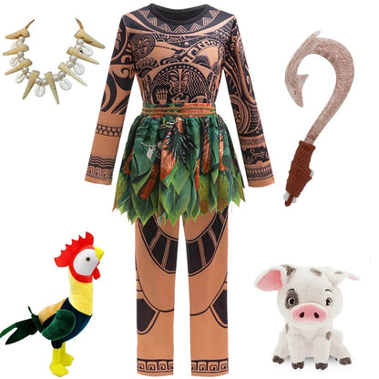 Disney Moana 2 Maui Cosplay Jumpsuits Tattoo Costume Boys Girls Maui Print Leaf Suits Movie Character Halloween Costume 2-10Yrs Good Vibrations