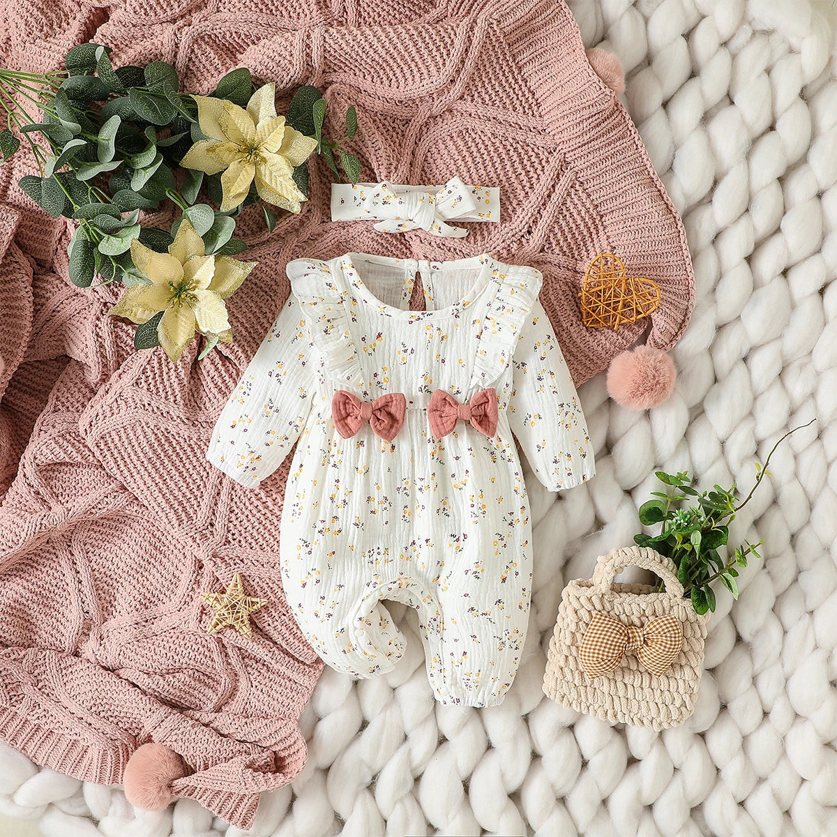 Baby Girl's All Seasons Long Sleeve Print Floral With Bow Daily Jumpsuit For Newborn-6M Clothes +Headband Good Vibrations