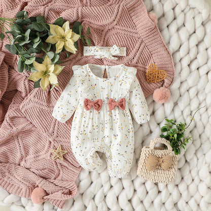 Baby Girl's All Seasons Long Sleeve Print Floral With Bow Daily Jumpsuit For Newborn-6M Clothes +Headband Good Vibrations