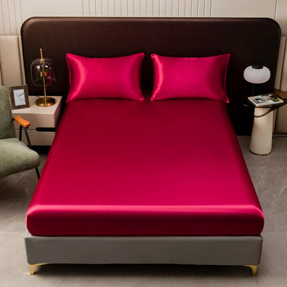 1Pc Satin Fitted Sheet Solid Colour Twin Full Queen Ice Silk Mattress Cover Natural With Elastic Band Bed Sheet (No Pillowcase) Good Vibrations