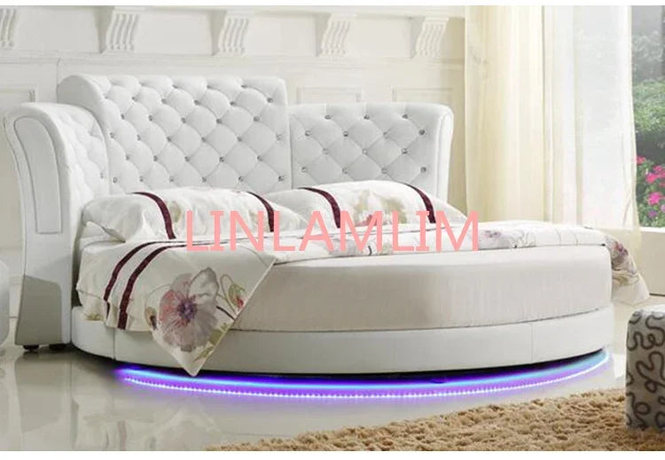 Smart bed frame camas bedroom кровать двуспальная lit beds سرير  muebles de dormitorio мебель LED light round genuine leather Good Vibrations