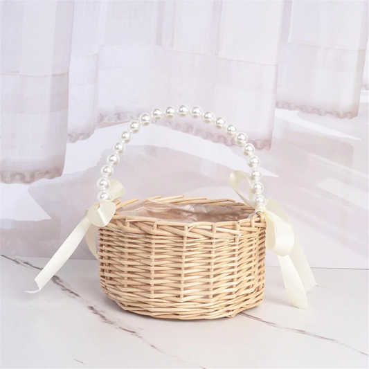 Wicker Flower Girl Basket for Weddings, Rattan Flower Basket Handmade Flower Girl Basket with Handle and RibbonT99C