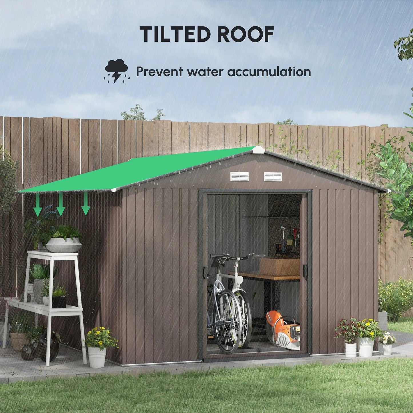 Outdoor Storage Shed 11x9 with Foundation Sliding Doors Vents Brown for Backyard Patio Good Vibrations