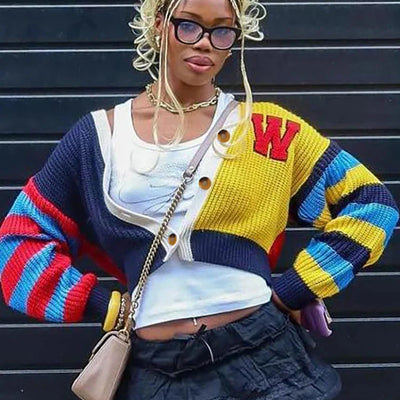 Weird Puss colorful Y2K cardigan sweater with letter print and patchwork design on woman model
