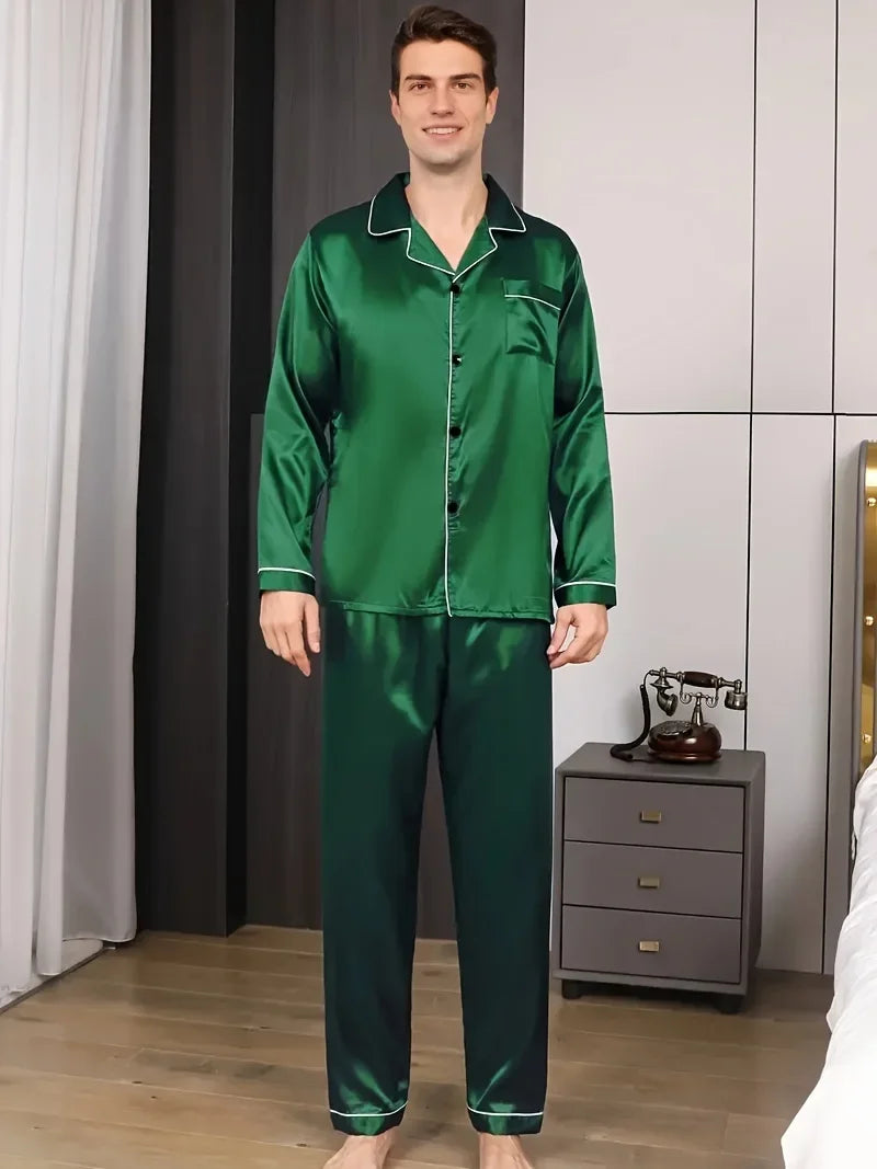 Men's Satin Pajama Set Linter Lapel Collar Long Sleeve Tops & Pants Sleepwear Button Down Loungewear Autumn Pyjama For Man Good Vibrations