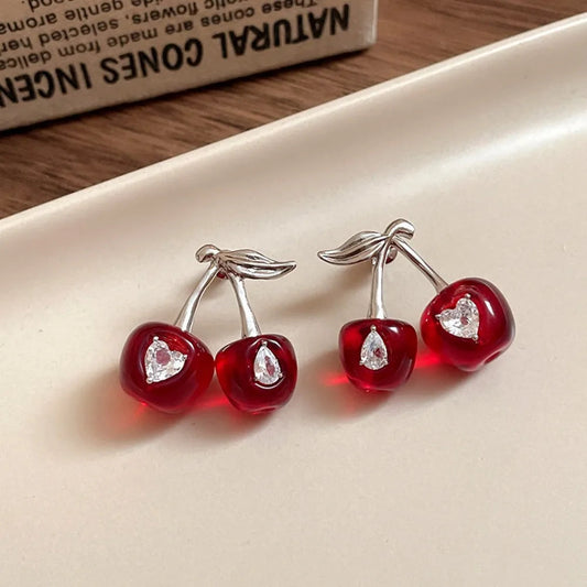Exquisite Heart Cherry Jewelry Set Pendant Vintage Cherry Necklace Chic Elegant Crystal Ear Studs Gift Good Vibrations