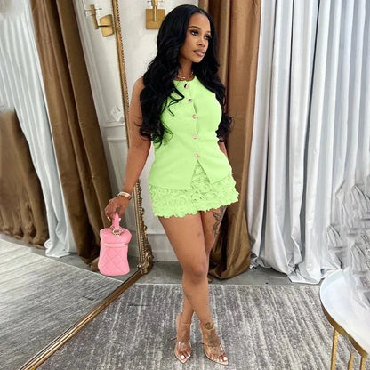 Elegant Club Outfits for Women Two Piece Set Spring Summer Sleeveless Single-breasted Top and Floral Mini Skirt Matching Sets Good Vibrations