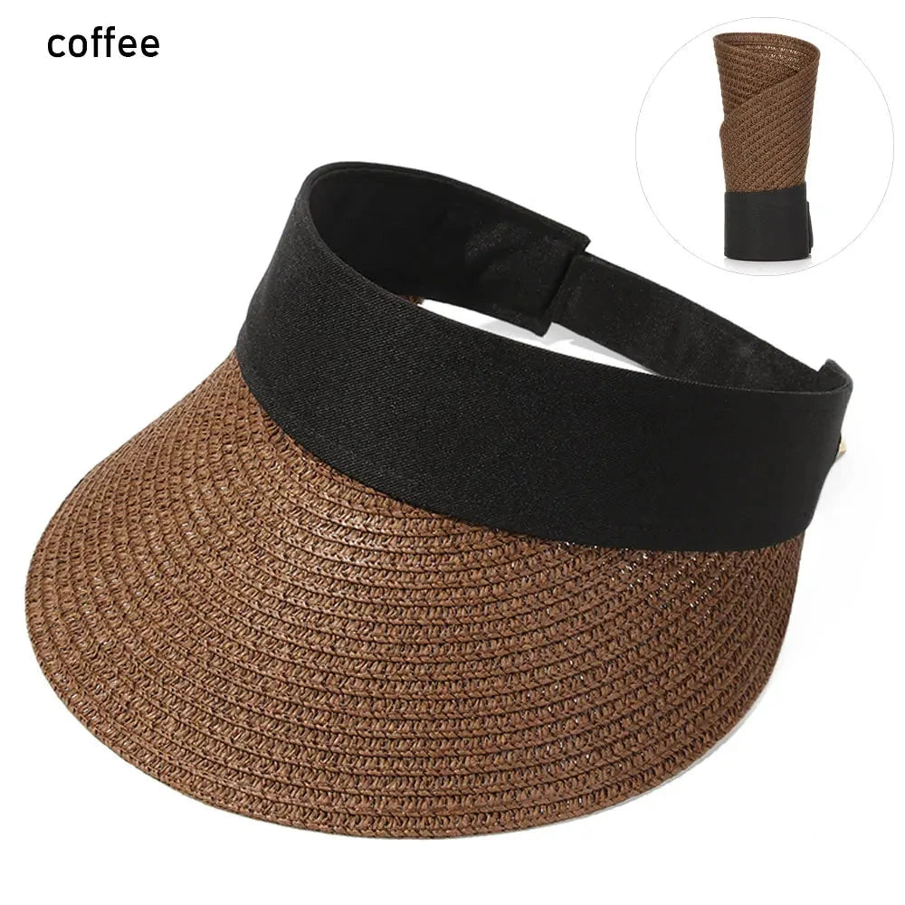 Foldable Portable Beach Hat Wide Brim Sun Hat Roll-up Summer Casual Straw Cap Visors For Women Good Vibrations