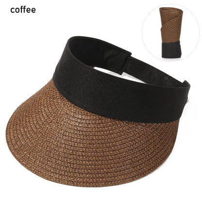 Foldable Portable Beach Hat Wide Brim Sun Hat Roll-up Summer Casual Straw Cap Visors For Women Good Vibrations