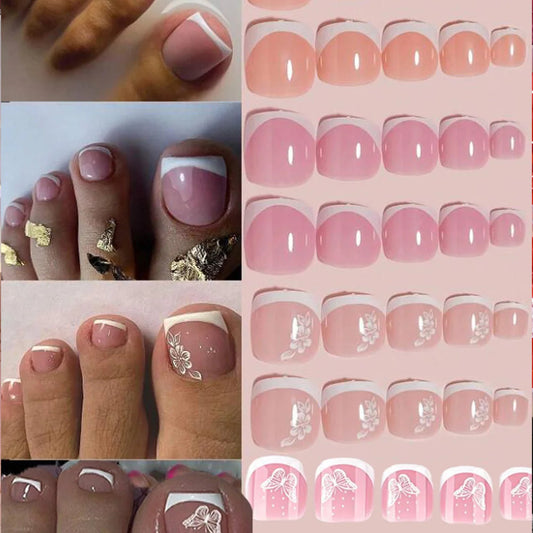 96Pcs/Box French Fake Toenails Butterfly/Flower Design Short Square  Press On Toenail Glossy Full Cover False Toe Nail Extension Good Vibrations