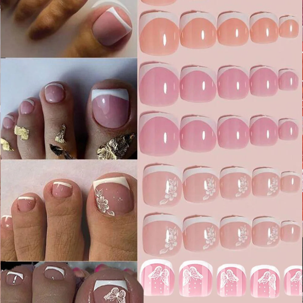 96Pcs/Box French Fake Toenails Butterfly/Flower Design Short Square  Press On Toenail Glossy Full Cover False Toe Nail Extension Good Vibrations
