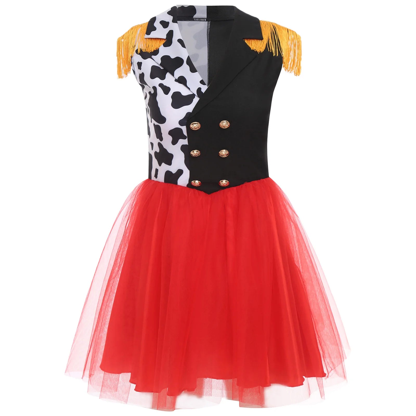 Halloween Clown Cosplay Costumes for Women Killer Circus Ringmaster Clown Dress Notch V Neck Tassel Epaulets Tulle Hem Dresses Good Vibrations