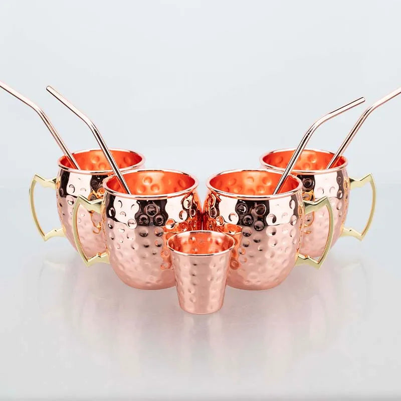 Moscow Mule Mug Set with Straw Copper Plated Hammered 350ml - 304 Stainless Steel Mini Cups with Gift Box for Bar and Home Good Vibrations